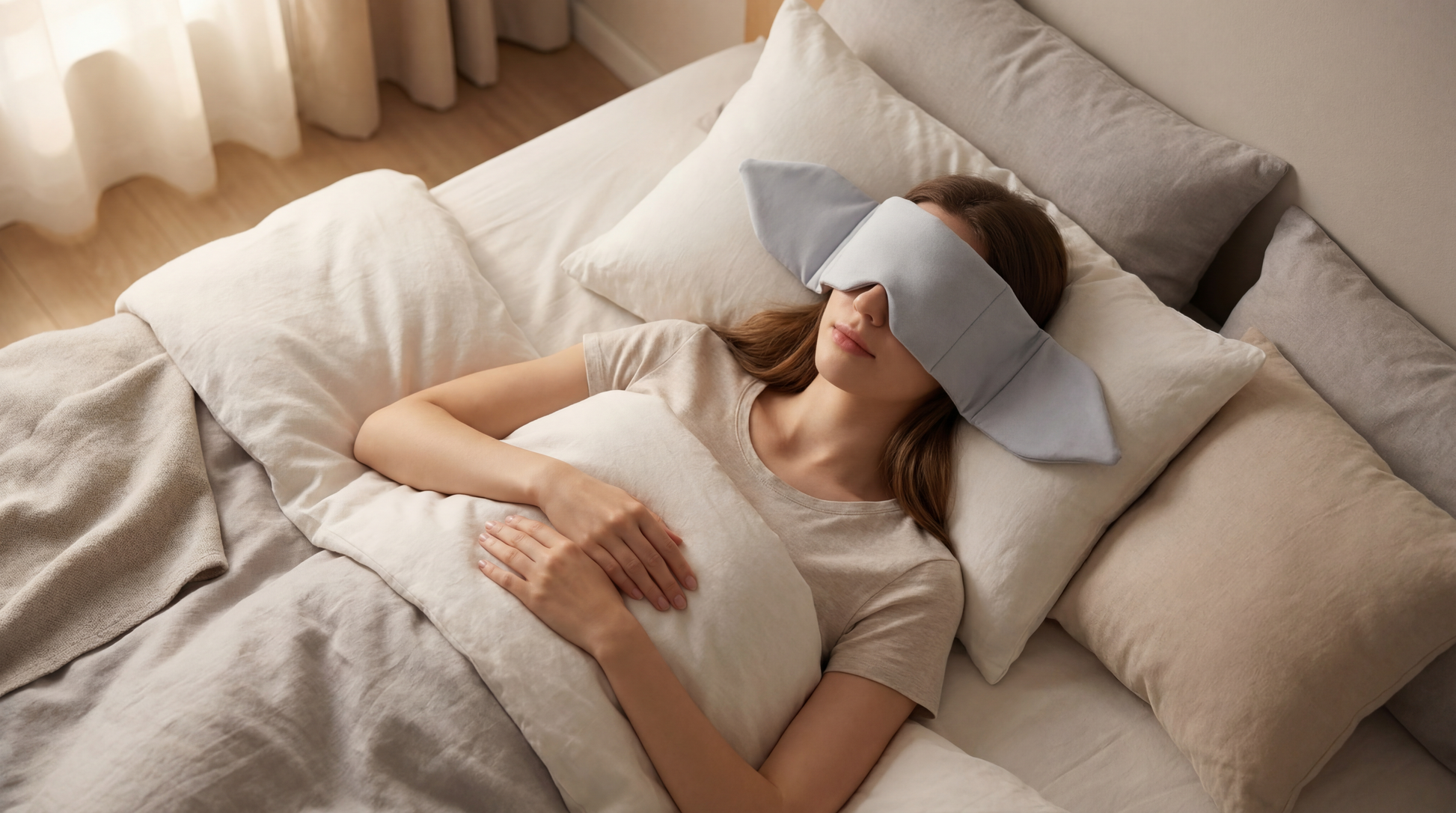 Lunia weighted eye mask providing gentle deep pressure to help you fall asleep faster in bed