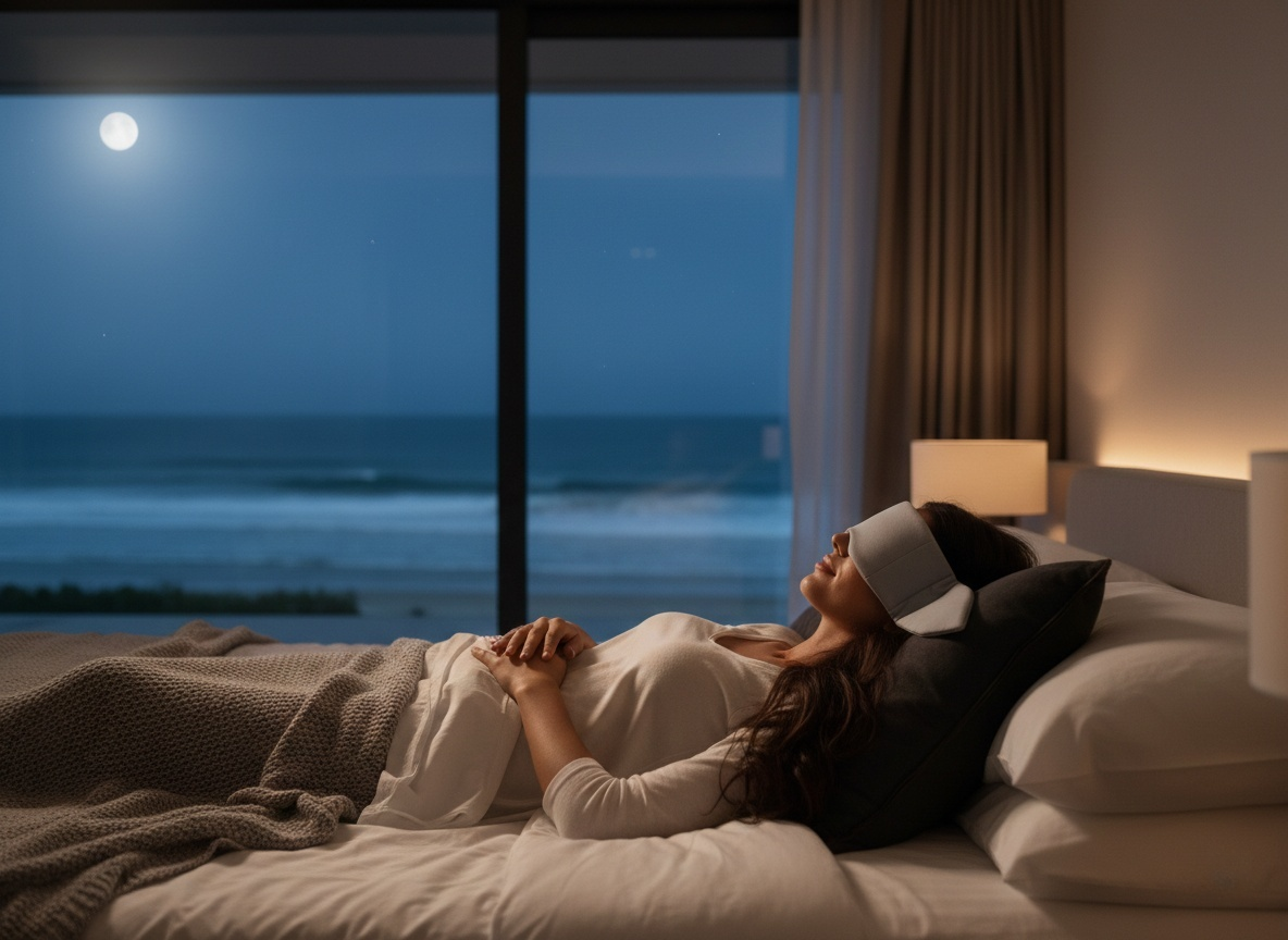 Lunia weighted sleep mask worn in a calm luxury bedroom setting at night