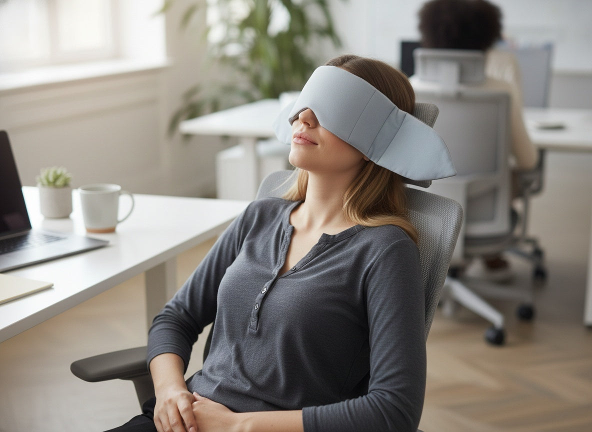 Woman using Lunia weighted eye mask for office nap and stress relief during the day