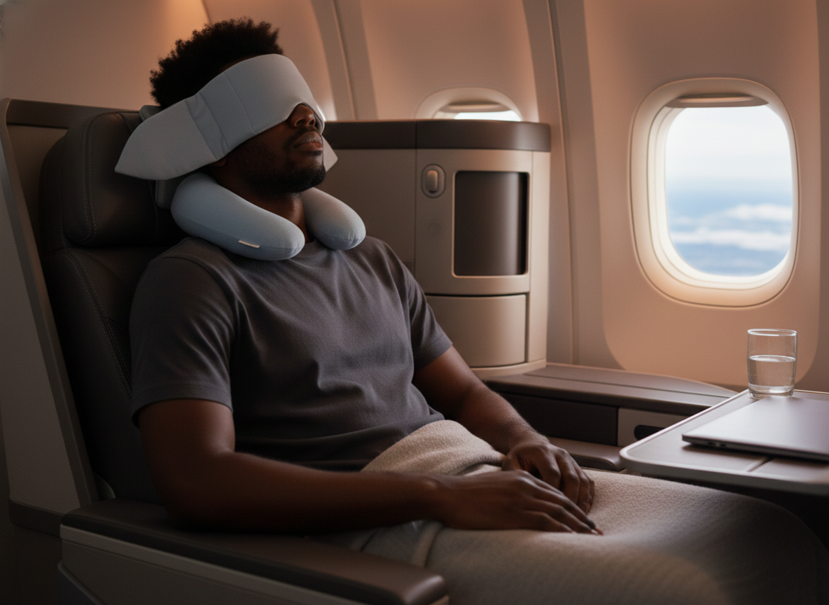 Man wearing Lunia weighted eye mask for comfortable sleep during airplane travel